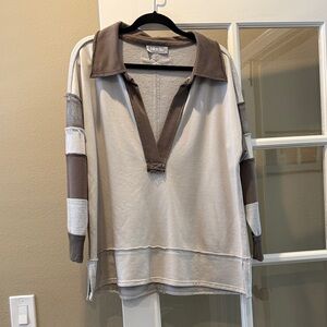 Women's Long Sleeve Top - Brown and Cream